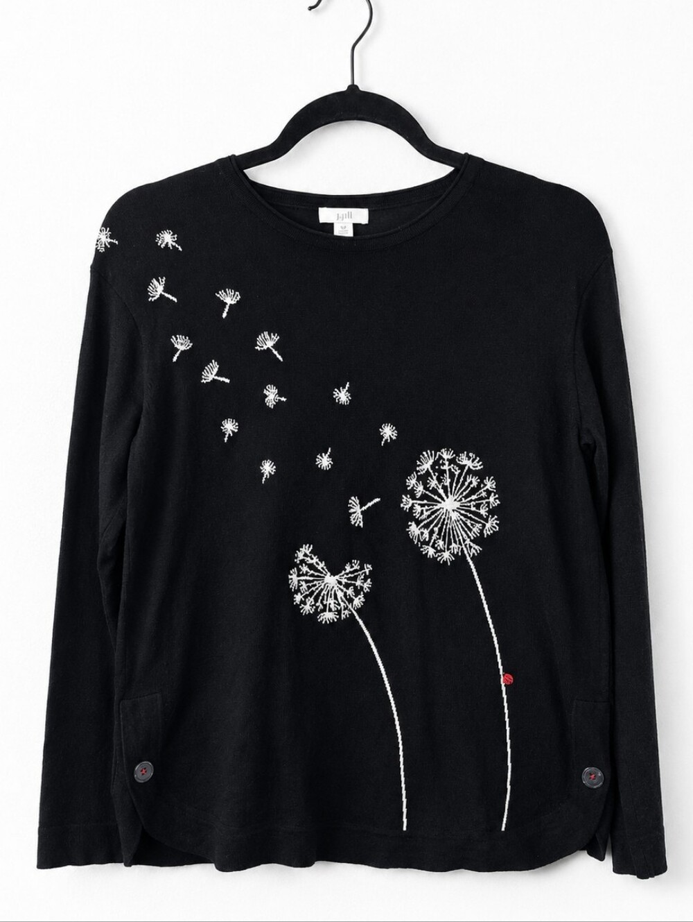 J Jill Small Petite Black Dandelion Sweater 100% Cotton Whimsical Floral Knit